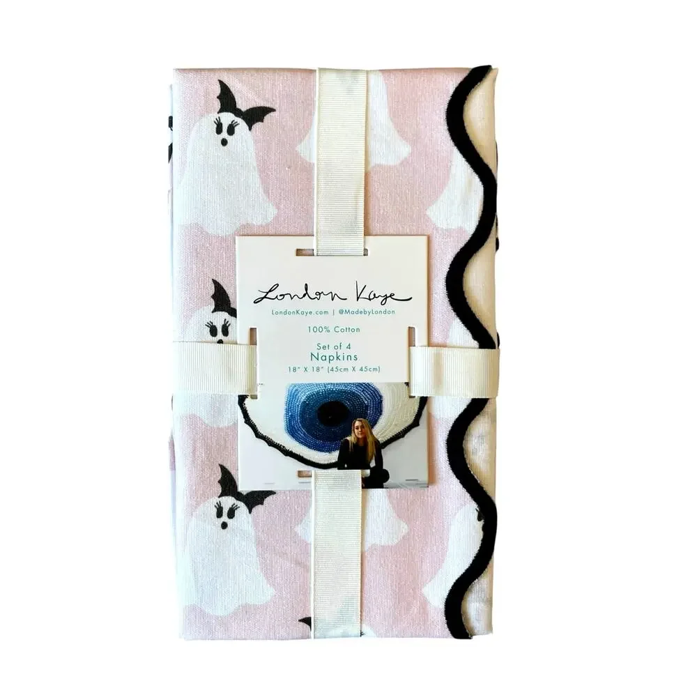 London Kaye Halloween Cotton Napkins 18x18 Set of 4 Pink Pretty Ghosts New